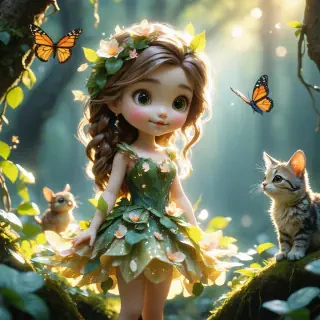 A whimsical fantasy little girl character with flowing, shimmering hair and a dress made of petals and leaves. She is surrounded by magical creatures like fairies and butterflies in an enchanted forest, where the sunlight filters through the trees, creating a dreamlike atmosphere. The girl has a look of wonder and excitement, embodying the spirit of adventure.